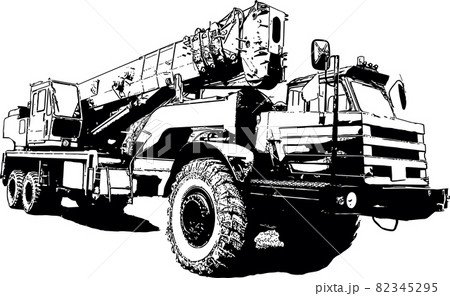 Vector black and white image of an industrial truck crane Vector black and white image of an industrial truck crane 82345295