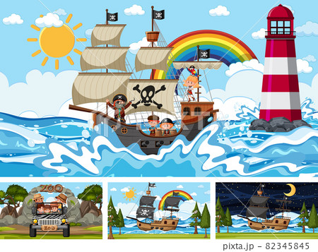 Set of different scenes with pirate ship at the sea and animals in the zoo Set of different scenes with pirate ship at the sea and animals in the zoo 82345845