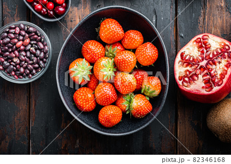Healthy balanced dieting food concept, flat lay on dark wooden background 82346168