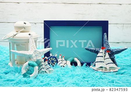 Mock up photo frame with nautical marine decoration 82347593