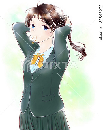 カメラ目線で髪をしばる女学生/キラキラVer. 82348072