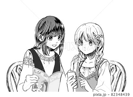 女子旅を計画中の友だち二人のモノクロイラスト背景なし 82348439