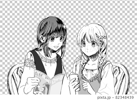 女子旅を計画中の友だち二人のモノクロイラスト背景なし 82348439