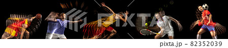 Collage of images of professional basketball and tennis player in motion isolated on dark background with stroboscoper effect. Collage of images of professional basketball and tennis player in motion isolated on dark background with stroboscoper effect. 82352039