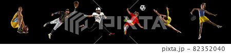 Sportsmen playing basketball, tennis, soccer football, fencing fitness on black background in mixed light. Sportsmen playing basketball, tennis, soccer football, fencing fitness on black background in mixed light. 82352040