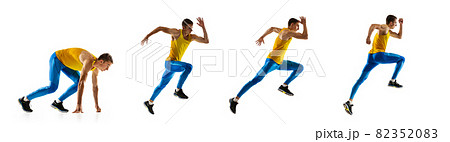 Collage. One Caucasian professional male athlete, runner training isolated on white studio background. Muscular, sportive man. Collage. One Caucasian professional male athlete, runner training isolated on white studio background. Muscular, sportive man. 82352083