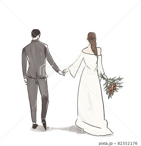 手を繋いだ新郎新婦 男女の後ろ姿 ウエディング 結婚式 ブーケ 花 ドレス のイラスト素材