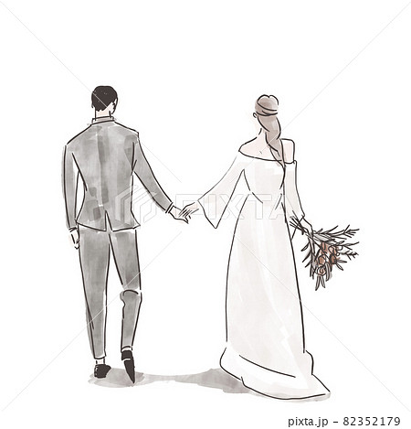 手を繋いだ新郎新婦 男女の後ろ姿 ウエディング 結婚式 ブーケ 花 ドレス のイラスト素材