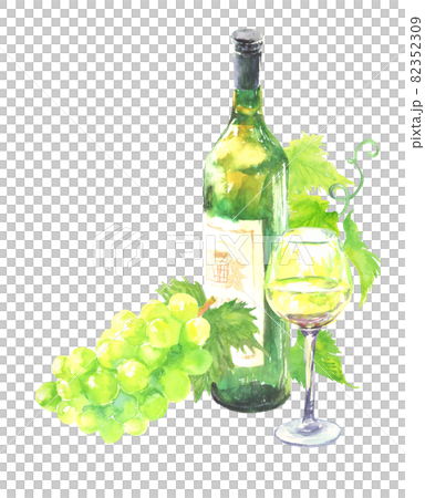 水彩で描いた白ワインとグラスと葡萄のイラストのイラスト素材