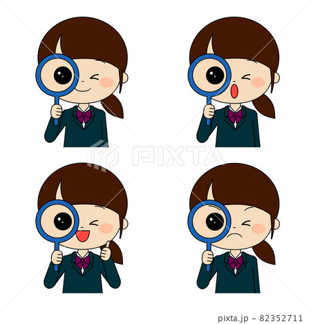 片目を瞑って虫眼鏡で詳しく見ている女子学生セット 82352711