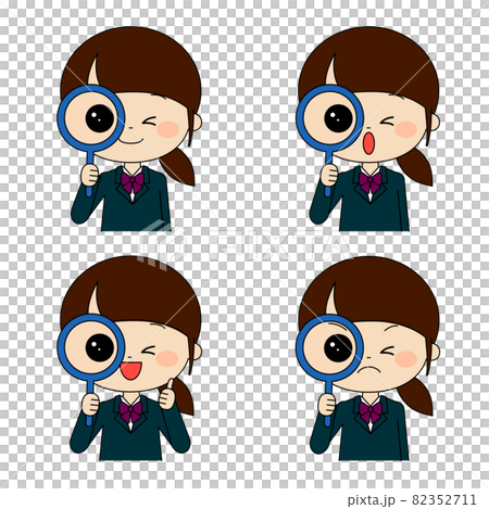 片目を瞑って虫眼鏡で詳しく見ている女子学生セット 82352711