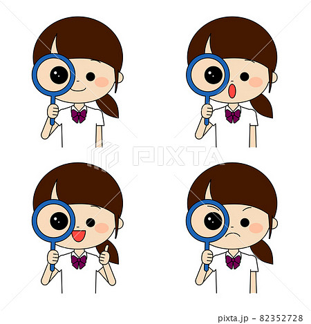 虫眼鏡で詳しく見ている女子学生セット 82352728