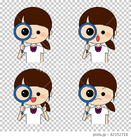 虫眼鏡で詳しく見ている女子学生セット 82352728