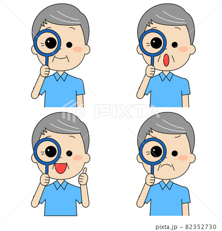 虫眼鏡で詳しく見ている高齢男性セット 82352730