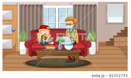 Boy learning from home on electronic device Boy learning from home on electronic device 82352753