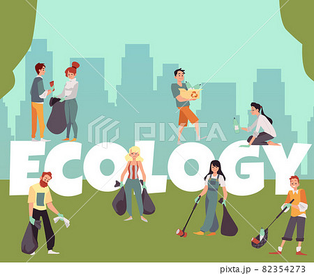 Ecology banner with volunteers picking up litter, flat vector illustration. 82354273