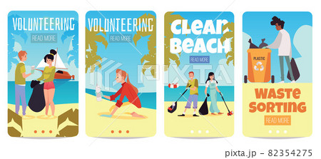 Set of mobile pages for volunteering eco cleaning up, flat vector illustration. 82354275