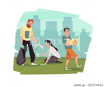City backdrop with volunteers collect garbage flat vector illustration isolated. City backdrop with volunteers collect garbage flat vector illustration isolated. 82354432