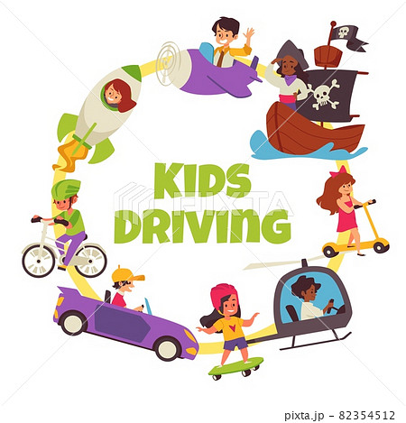 Banner with kids driving different transportation vector illustration isolated. Banner with kids driving different transportation vector illustration isolated. 82354512