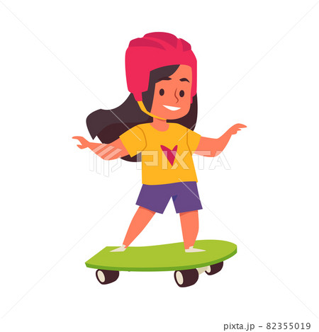 Cheerful Little Girl Riding On Skateboard Flat のイラスト素材