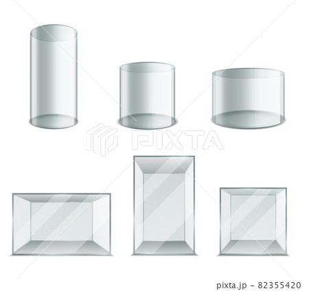 Box glass. Realistic plastic transparent cube and cylinder. 3D blank exhibition showcase. Round or square aquarium mockup. Geometric shapes with light reflection. Vector containers set 82355420