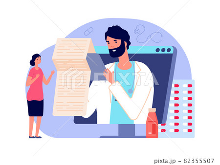Online diagnosis. Medical rx, telemedicine concept. Woman in online pharmacy buy medications and pills vector scene 82355507