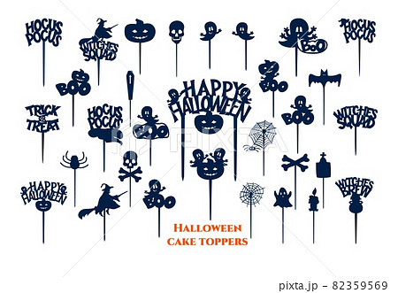 Set of halloween cake toppers with pumpkin, ghost, witch silhouette, skull and bones. 82359569