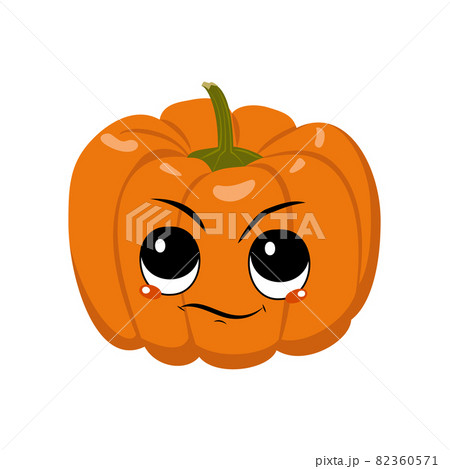 Cute pumpkin character with emotions of suspicious, displeased face. Festive decoration for Halloween. Annoyed vegetable hero Cute pumpkin character with emotions of suspicious, displeased face. Festive decoration for Halloween. Annoyed vegetable hero 82360571