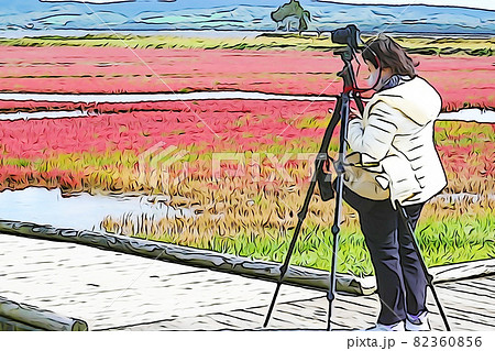 パステル調　”サンゴ草　カメラ　女性　網走市”　イラストイメージ 82360856