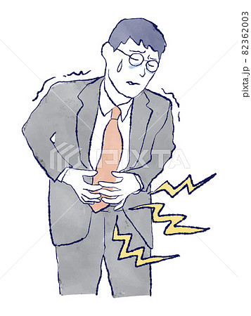 腹痛に苦しむ日本人ビジネスマンの上半身イラスト　ストレス　胃痛　体調不良　スーツ　手描き　水彩 82362003