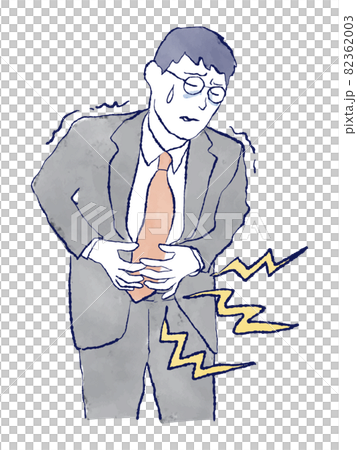 腹痛に苦しむ日本人ビジネスマンの上半身イラスト　ストレス　胃痛　体調不良　スーツ　手描き　水彩 82362003