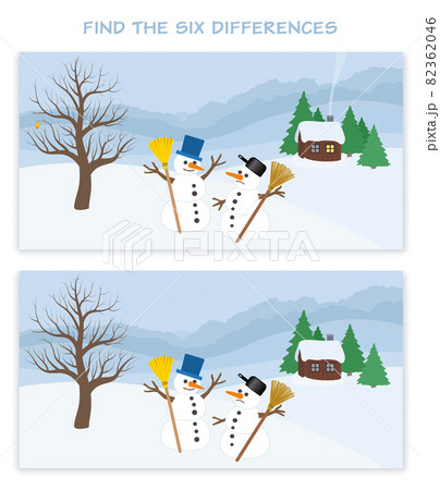 Winter landscape with six differences. Two snowmen, wooden hut and trees in a snowy mountain panorama. Christmas puzzle fun. Vector illustration. 82362046