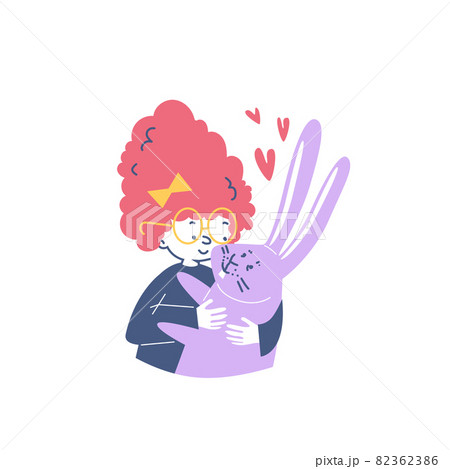 Funny cute child hugging his rabbit pet, flat vector illustration isolated. 82362386