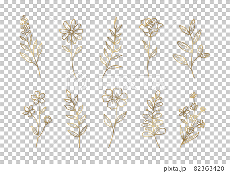 花の装飾用のイラスト デザインやグラフィック用の素材 ベクターイラストのセット 金色の線画 花の装飾用のイラスト デザインやグラフィック用の素材 ベクターイラストのセット 金色の線画 82363420