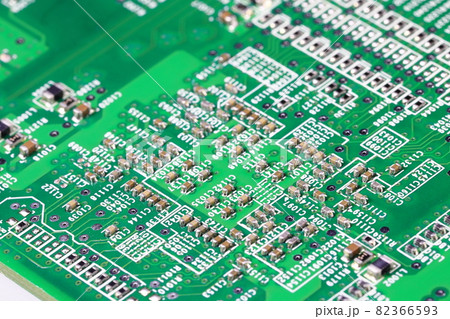 Old Printed Circuit Board with many electrical components. Old Printed Circuit Board with many electrical components. 82366593