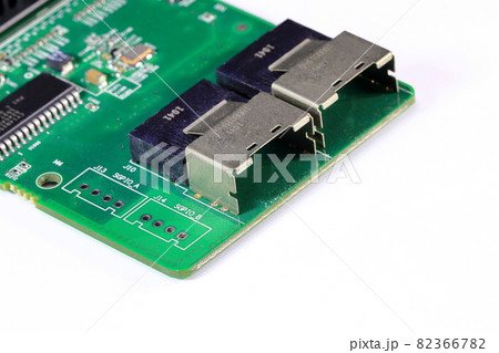 Close up Disk array controller card( Raid ) with with double mini sas connector isolate on a white background  82366782