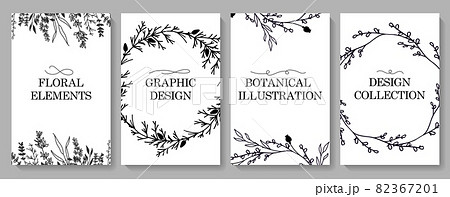 Minimalist design of the wedding invitation card template, floral floral print in the style of a black line. Postcards, templates, festive decoration. Vector illustration. 82367201