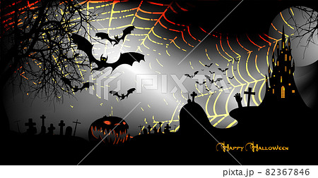 Halloween party banner, spooky dark background, silhouettes of characters and scary bats with gothic haunted castle, horror theme concept, scary pumpkin and dark graveyard, vector templates Halloween party banner, spooky dark background, silhouettes of characters and scary bats with gothic haunted castle, horror theme concept, scary pumpkin and dark graveyard, vector templates 82367846