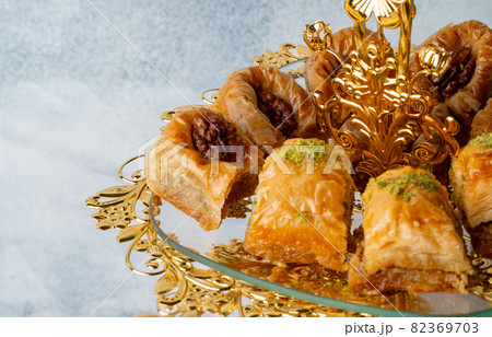Variety of Turkish desserts served on cake stand Variety of Turkish desserts served on cake stand 82369703