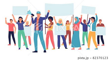 Protest demonstration. Demonstrators large group. Social movement. People participate in trade union strike. Protesting men and women with placards. Vector politic manifestation concept 82370123