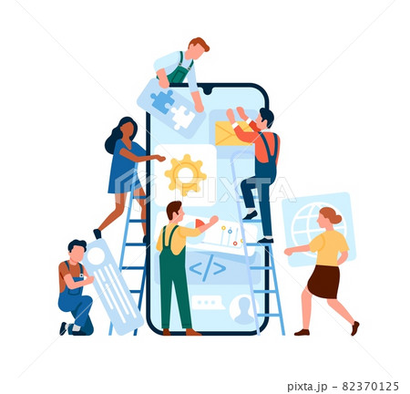 Mobile app building. People collect icons and buttons in smartphone. Website UI designers or programmers work with phone application. Software development and UX design. Vector concept 82370125