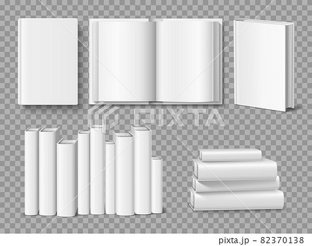 Realistic books stack and row. Clean 3d thick volumes of books white mockup, empty pages and hardcover, closed and opened, front and side views, single and stacks, vector set 82370138