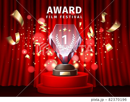 Award ceremony poster. Realistic podium with trophy on red background. Reward statuette. Film festival first place of nomination. Curtain and confetti. Best movie cup. Vector concept Award ceremony poster. Realistic podium with trophy on red background. Reward statuette. Film festival first place of nomination. Curtain and confetti. Best movie cup. Vector concept 82370196
