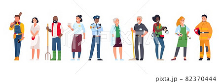 Different profession characters. People in uniforms. Men and women work in police and hospital. Waiter or farmer. Creative and technical occupations. Service staff. Vector workers set 82370444