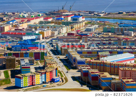 Top view of the northern city with colorful buildings. Anadyr, Chukotka, Russia. 82371626