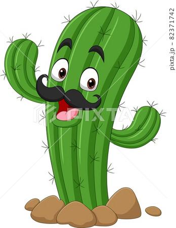Cartoon happy cactus mascot waving hand 82371742