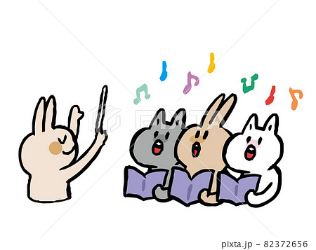 合唱するウサギとネコと指揮者のイラストのイラスト素材