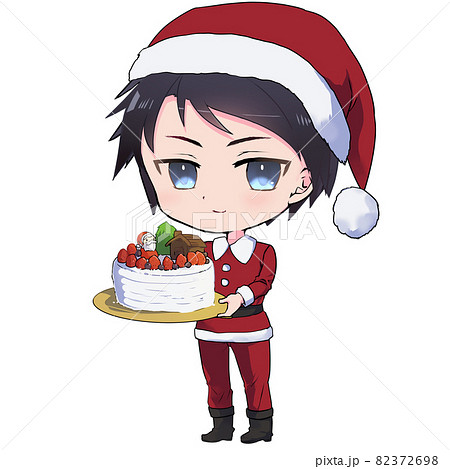 イラスト素材 クリスマスケーキを持って微笑んで立つ若い男性のイラストのイラスト素材