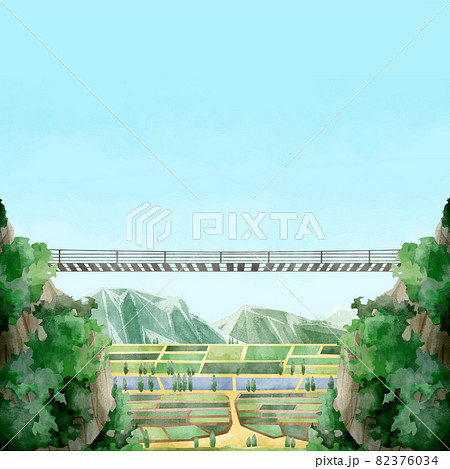 山間から覗く農村の街並み手書き水彩風イラスト 82376034