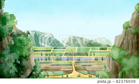 山間から覗く農村の街並み手書き水彩風イラスト 82376039